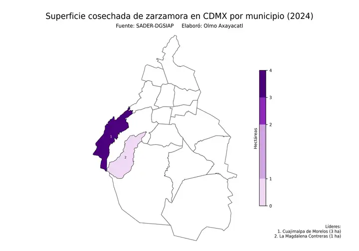Superficie cosechada de zarzamora en Ciudad de México por delegación
