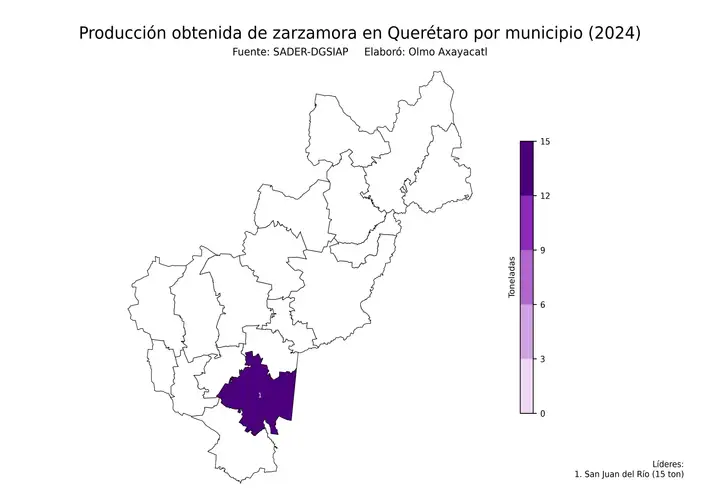 Producción obtenida de zarzamora en Querétaro por municipio