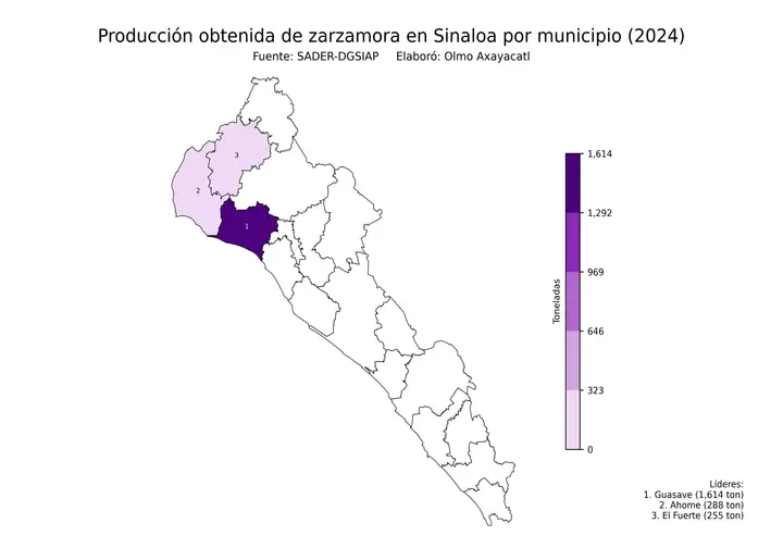 Producción obtenida de zarzamora en Sinaloa por municipio
